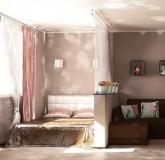 Miegamojo gyvenimo kambario išdėstymas ir dizainas viename kambaryje 18 kvadratinių